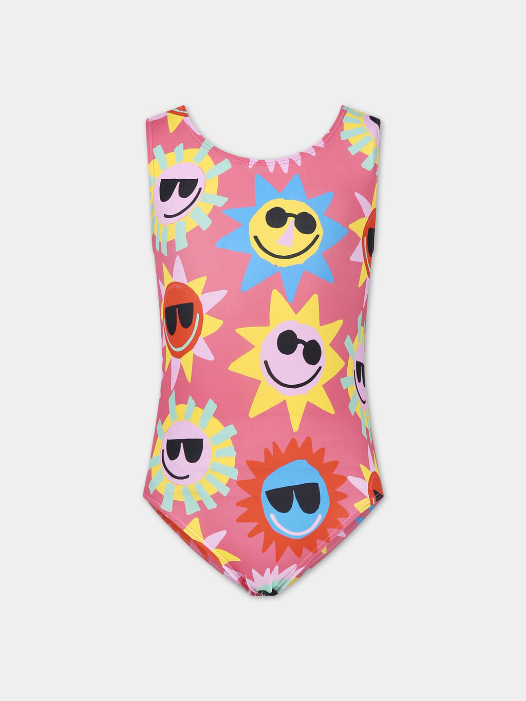 Pink one-piece swimsuit for girl with an all-over multicolor pattern